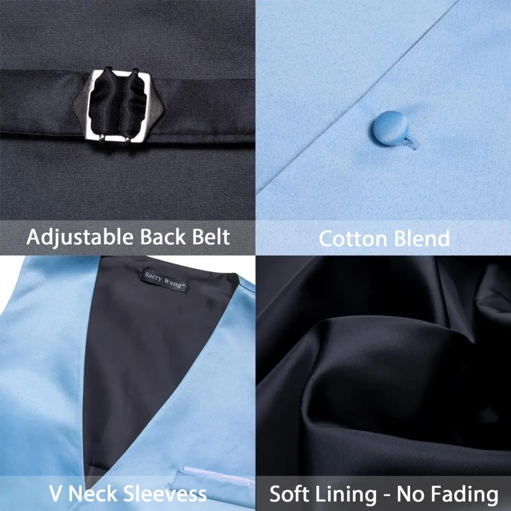 Luxury Vest for Men Sky Blue Solid Plain Silk Waistcoat Bowtie Set Wedding Party Formal Male Sleeveless Jacket Barry Wang