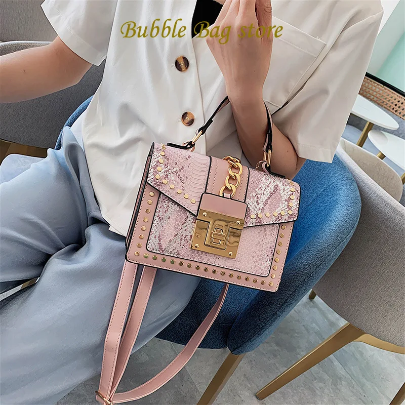Elegant Sequins Ladies Handbag Small 2023 New Rivet Women's Shoulder Bag High-quality PU Leather Messenger Bags for Female Totes
