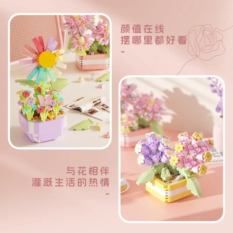 Romantic Flower Building Blocks Everlasting Bonsai Tree Gardens Micro Bricks DIY Potted Plants Model Creative Kids Kits Toys 4