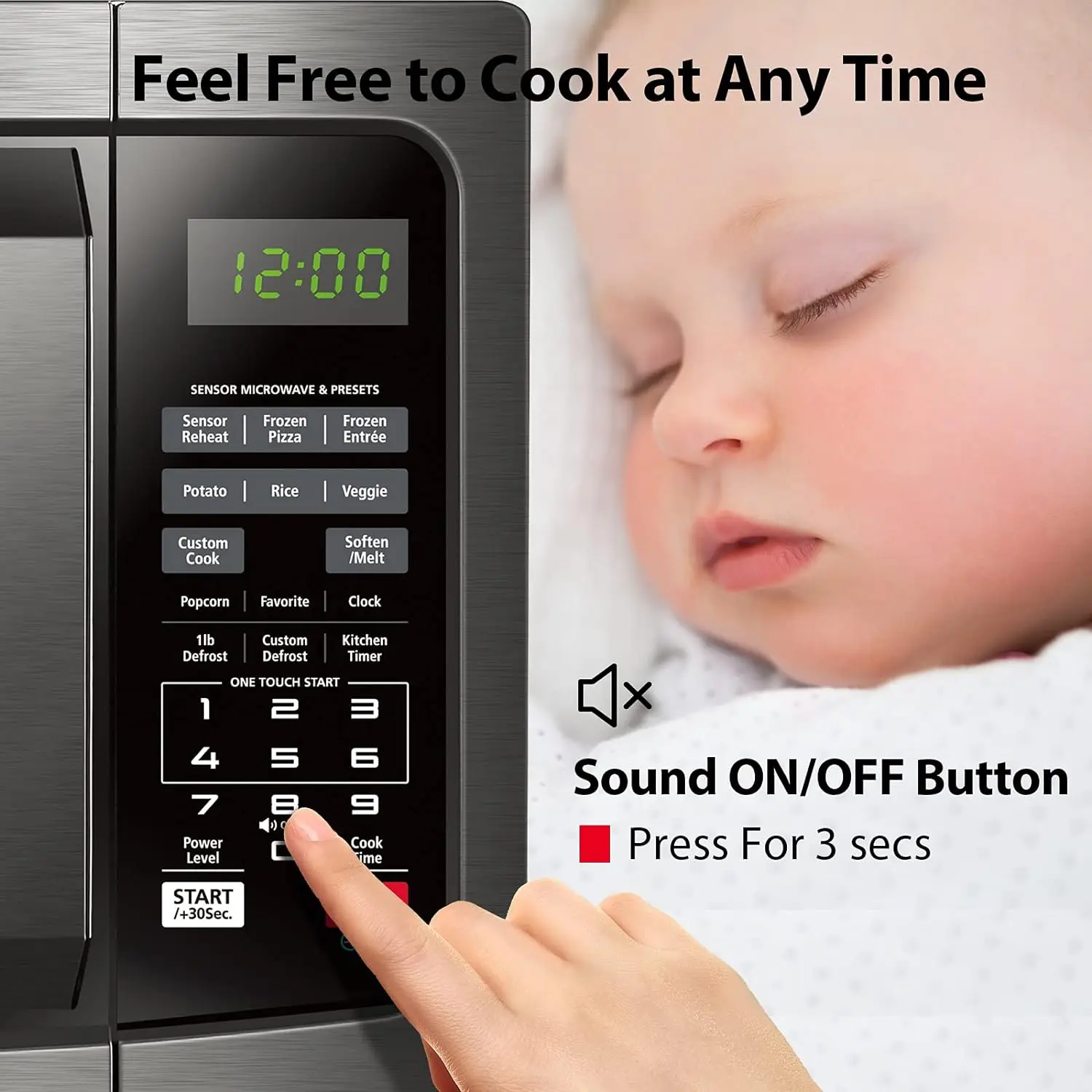 EM131A5C-BS Countertop Microwave Ovens 1.2 Cu Ft, 12.4" Removable Turntable Smart Humidity Sensor 12 Auto Menus Mute Function E