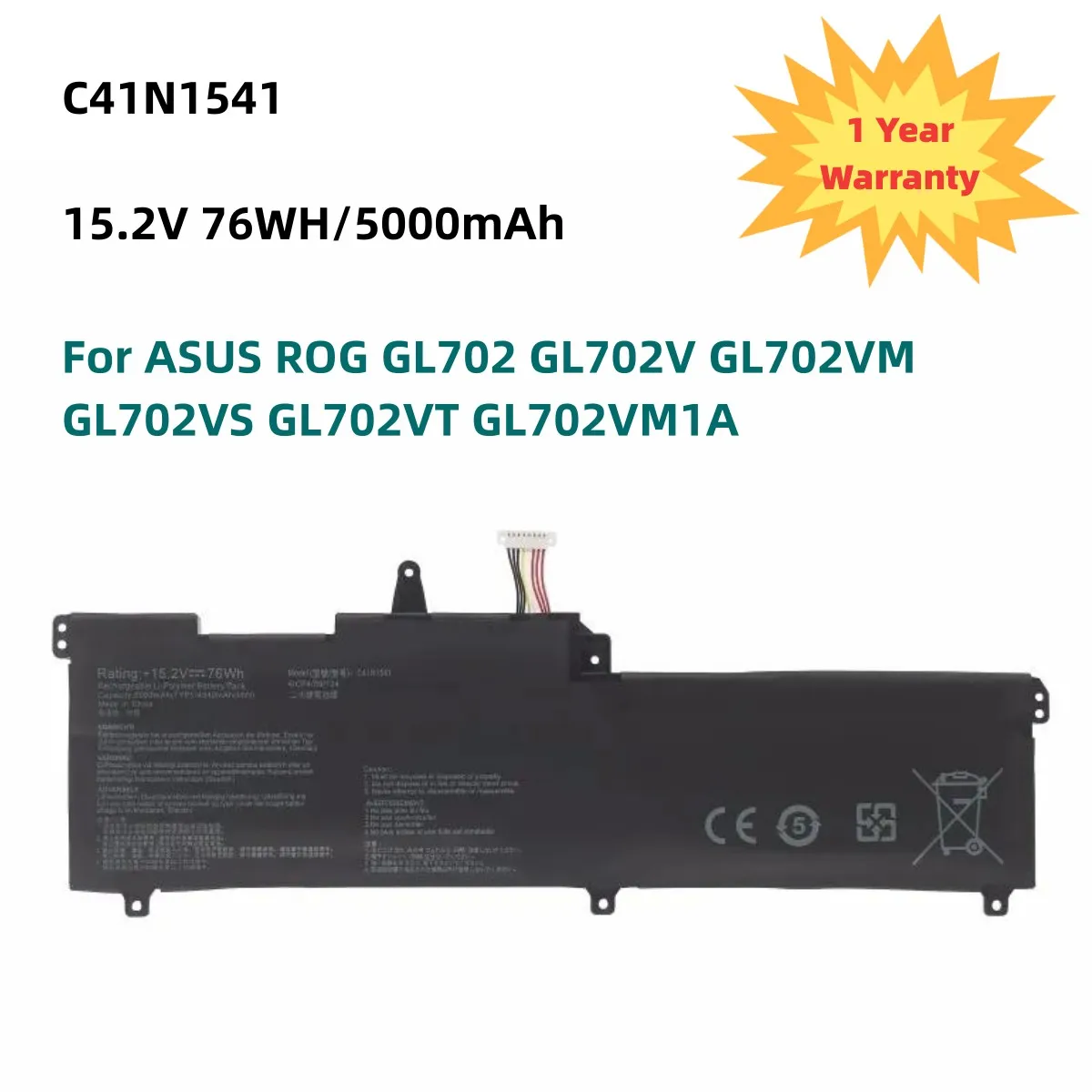 

New C41N1541 15.2V 76WH Laptop Battery For ASUS ROG GL702 GL702V GL702VM GL702VS GL702VT GL702VM1A 0B200-02070000