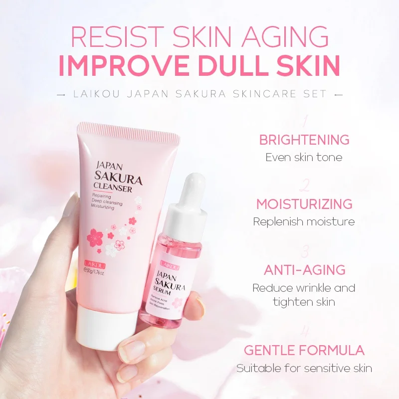 LAIKOU Sakura 4pcs/Set Skin Rejuvenating Serum Lighten Blemishes Moisturizer Fade Dark Circle Eye Cream