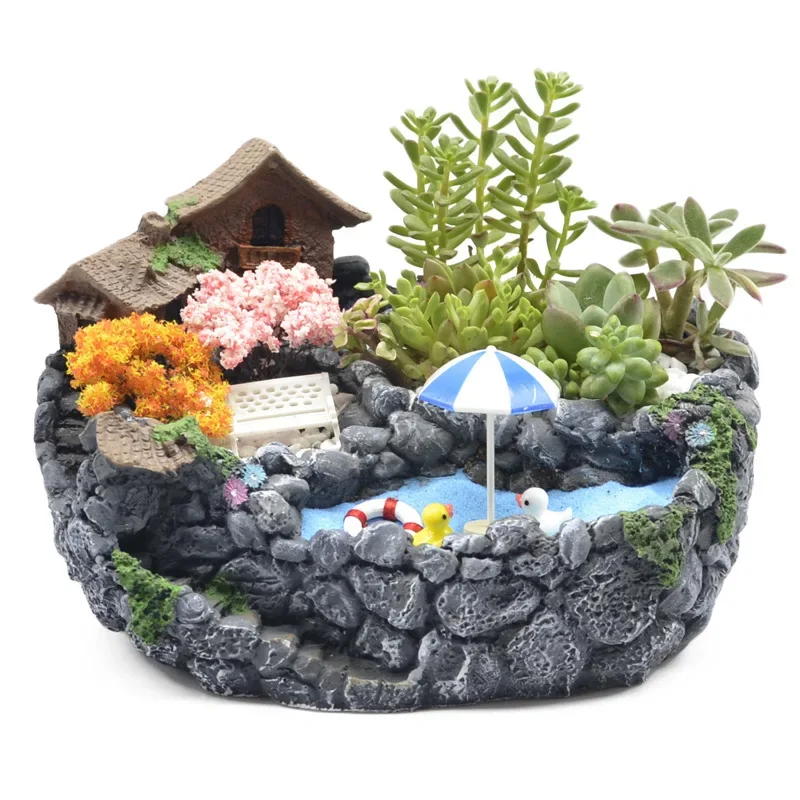 Creative Imitation Stone Resin Flower Pot, Creative Rural Micro Landscape, Large Caliber, House, Home, Garden, Fleshy Flower Pot