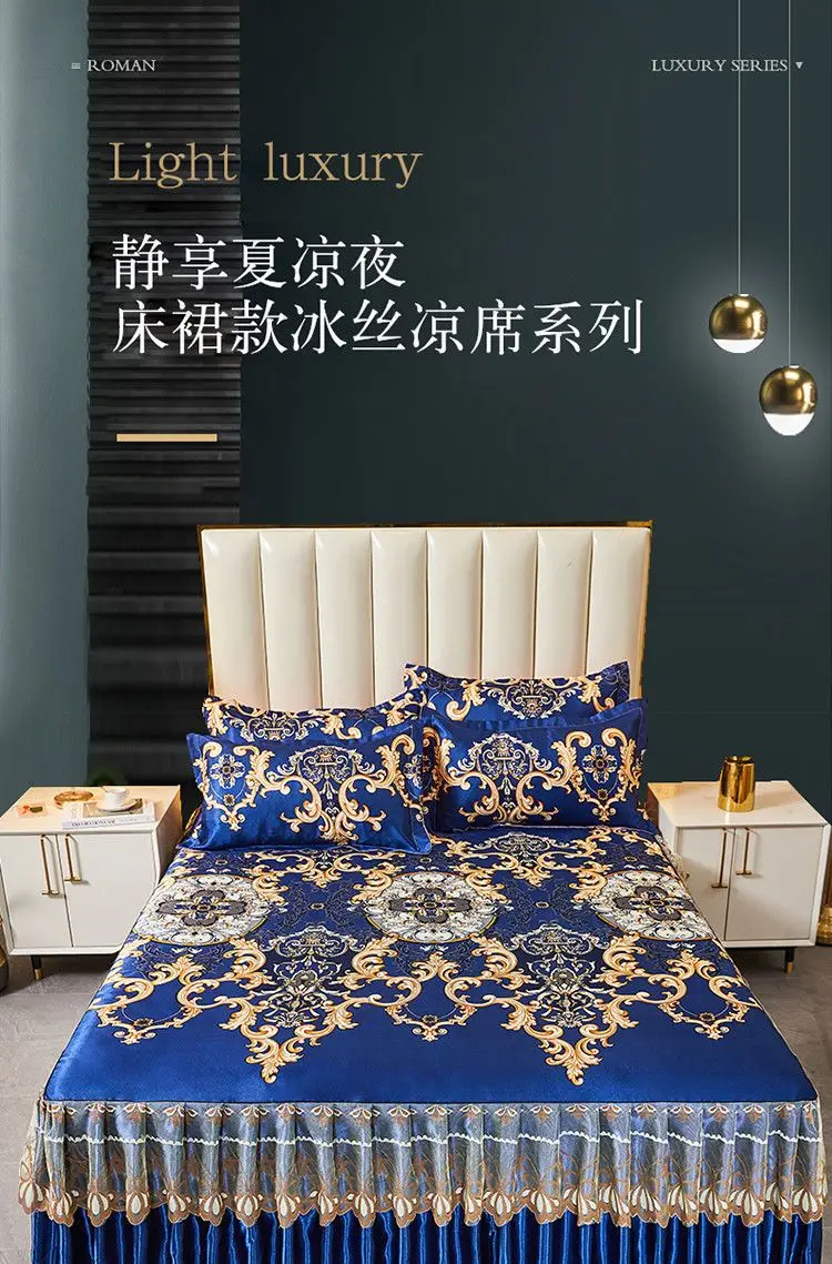 Description Picture 2 of item3Pcs/Lot Double Bed Sheet Set Classic Lace Royal Blue Bed Sheet Bed Skirt, Machine Washable Wedding Bedspread Mattress Cover