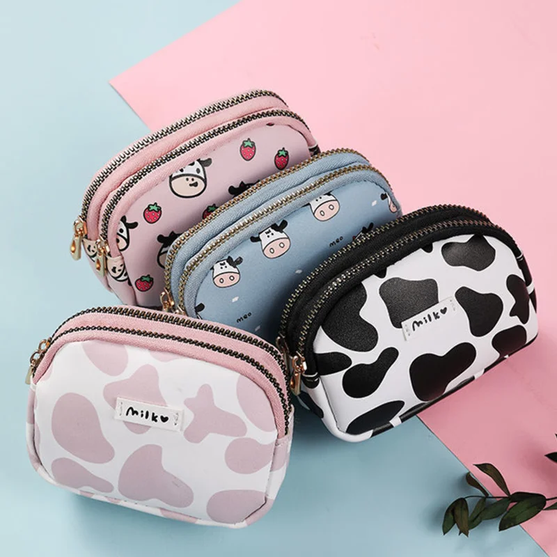 Women's Cute Wallet Cow Print PU Leather Business Card Holder Coin Purse Pouch Zipper Cartoon Wallet
