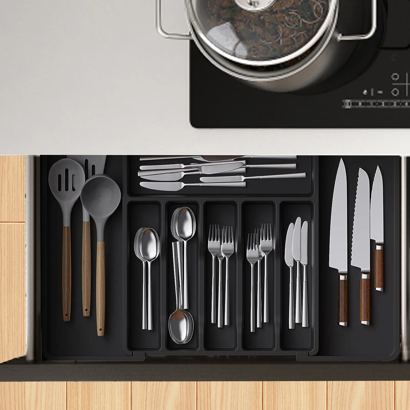 Silverware Drawer Organizer, Expandable Utensil Tray for Kitchen, Adjustable Flatware and Cutlery Holder for Spoons Forks Knives 4