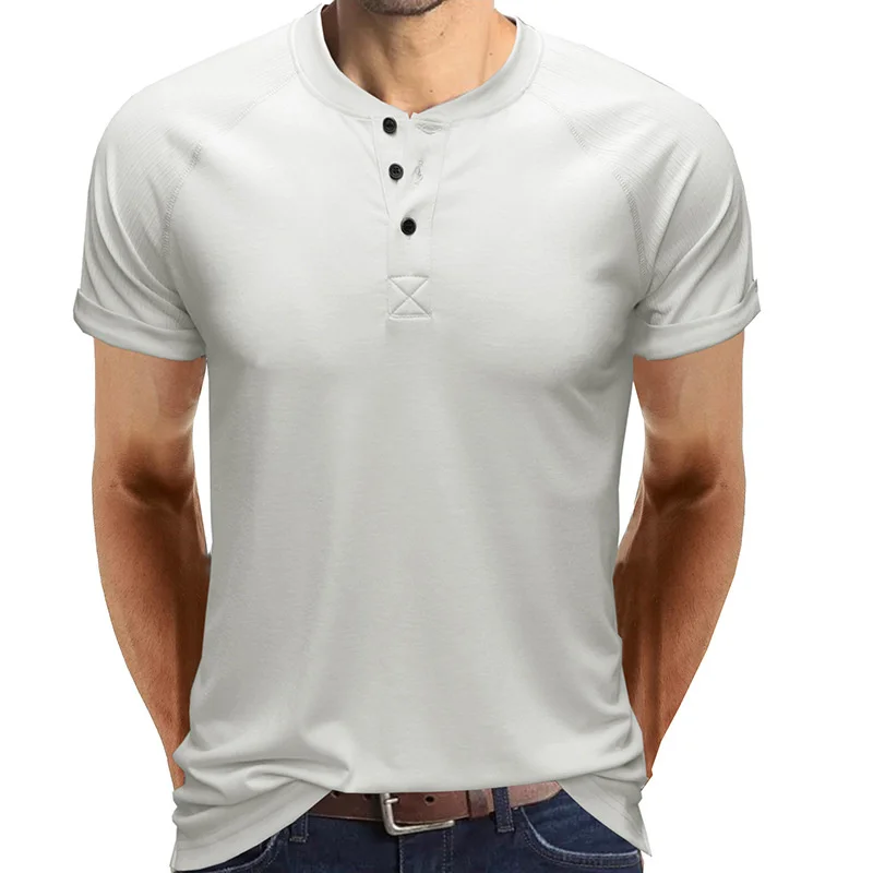 

Summer T Shirt Men Casual Solid Color Short Sleeve Henry Collar Mens T-shirts US Size S-XXL Leisure Loose Breathable Tops Tees