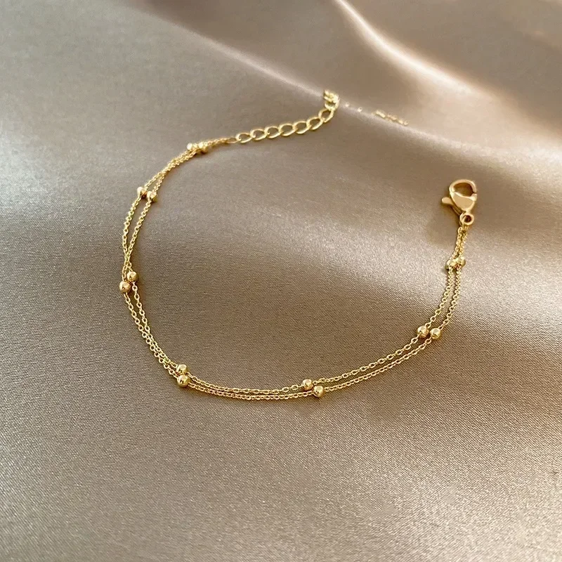 Double Layers Small Round Beads Bracelet Women's Hand Bracelet Gold Color Chain Simple Female Ball Jewelry