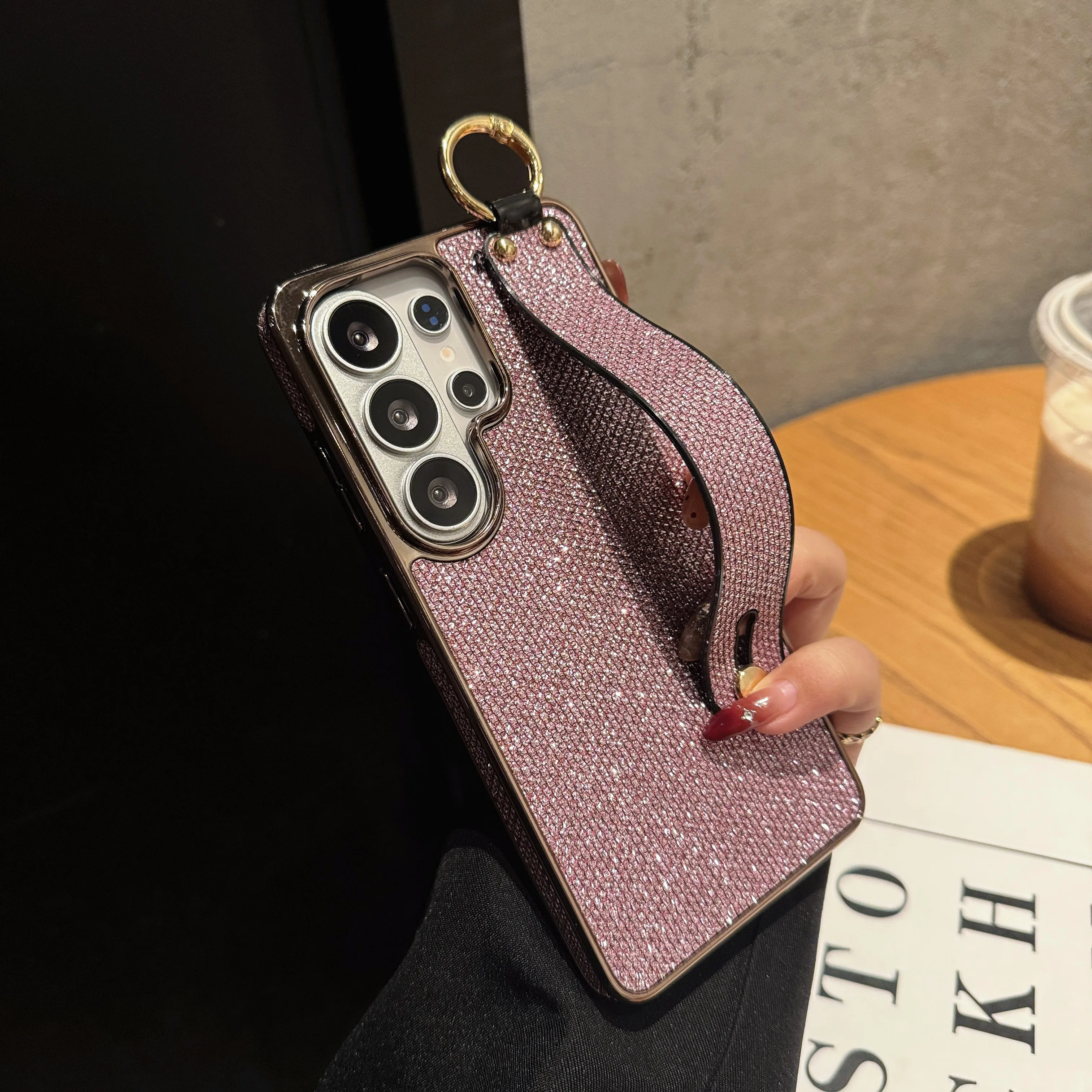 Sparkling Plating Wrist Strap Holder Case with Hand Bracket and Enhanced Camera Protection