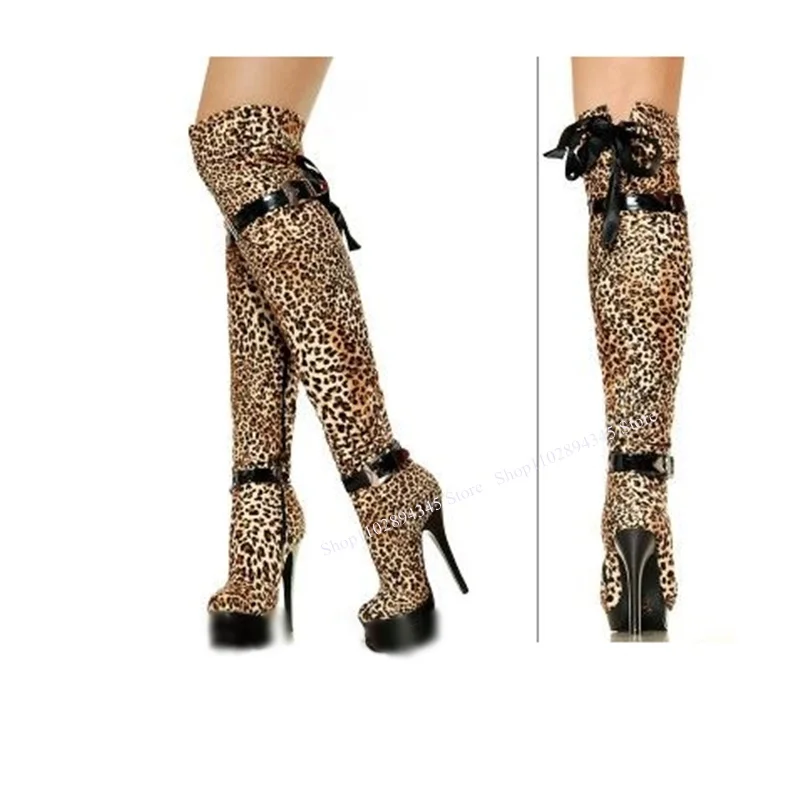 

Leopard Bow Knot Platform Boots Knee High Thin High Heel Cool Fashion Sexy Summer Casual Big Size Woman Shoes Zapatillas Mujer