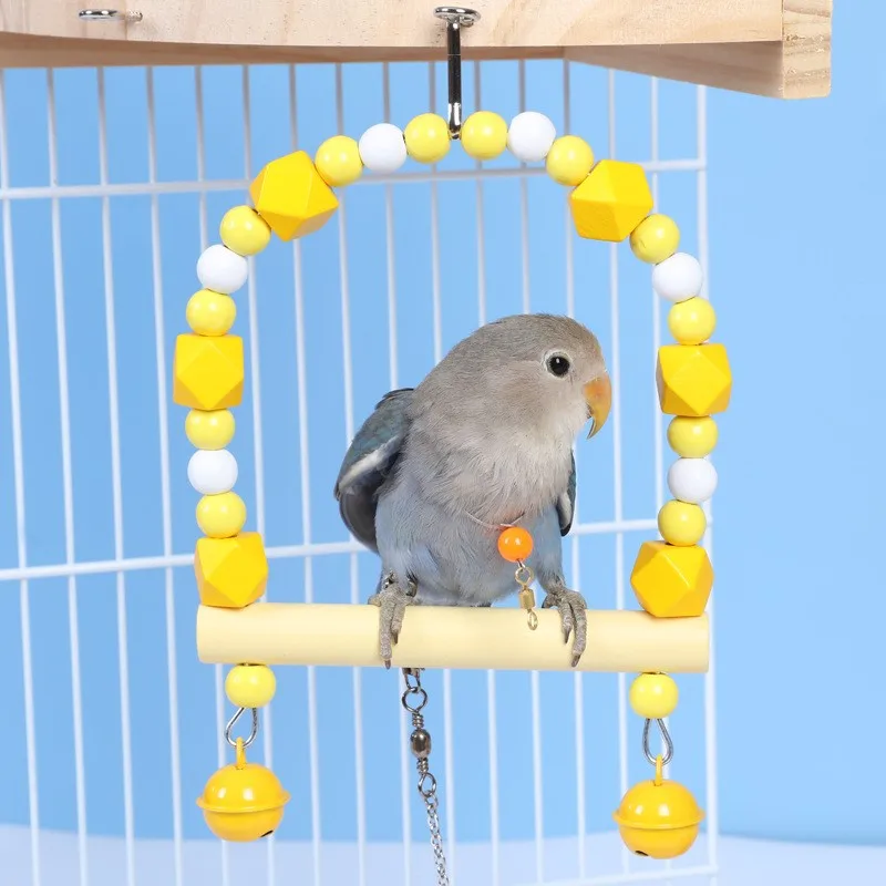Wooden Parrot Swing Toy Bird Cage Accessories Bird Stand Rack Hanging Perch For Parrot Swing Toy with Colorful Beads Bells