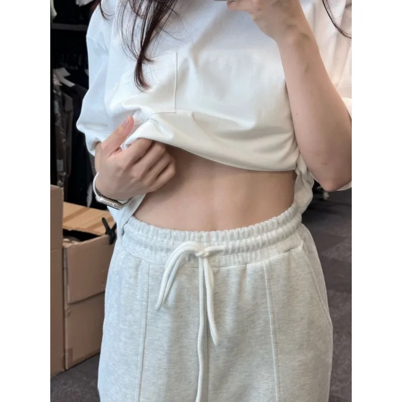 Deeptown Basic Grey Sweatpants Korean Fashion Jogging Elastic Waist Baggy Women's Sport Pants Casual Loose Trouser Summer Retro