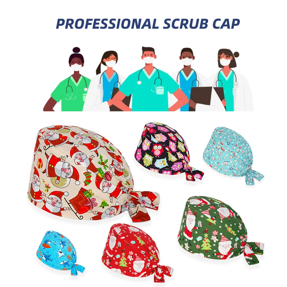 Anti-Dust Work Cap Women Long Hair Cover Cap Cotton Tooth Printing Hats Beauty Work Hats Anti-Dirty Adjustable Scrub