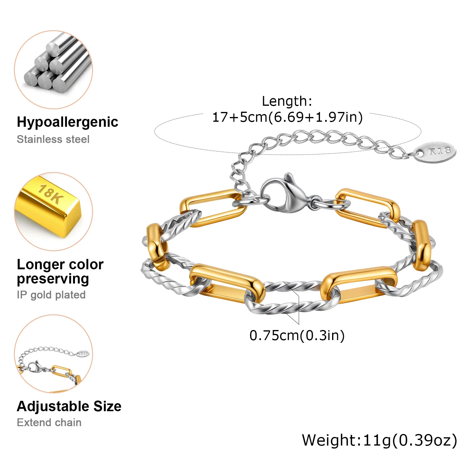 Stainless Steel Waterproof Colorful Chain Bracelet for Women