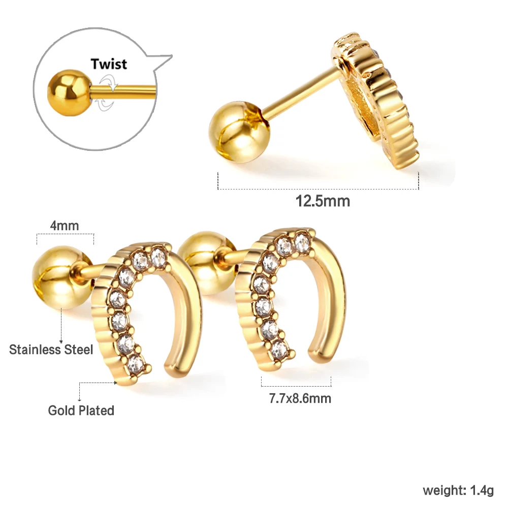 LUXUKISSKIDS 12Pairs Horseshoe Earrings Studs Cubic Zirconia Small Piercing Surgical Steel U Shape серьги Gold Plated Accessory