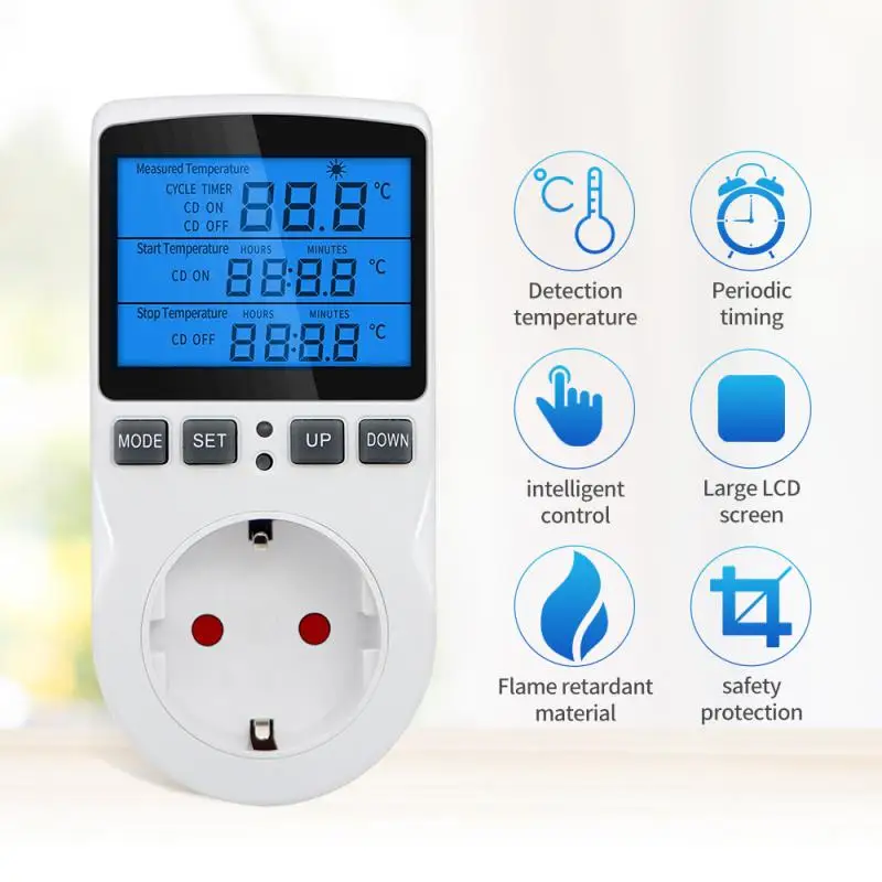 

Digital Thermostat Timer Socket 220v Temperature Controller Socket Outlet With Timer Switch Cooling Heating Temperature Sensor