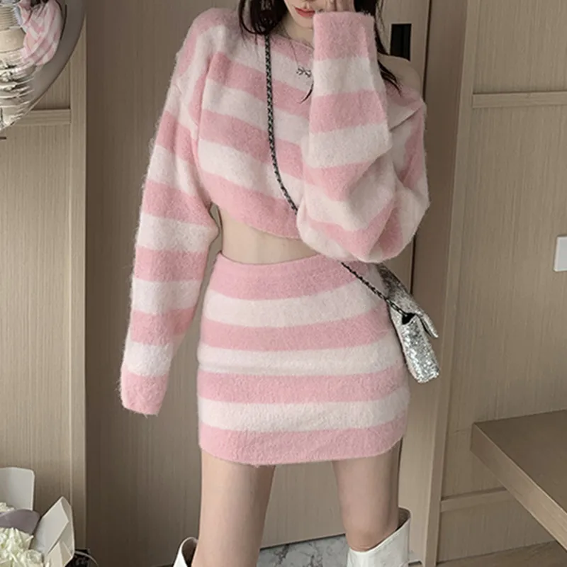 Autumn Striped Two-piece Skirt Set Women Long Sleeve Cropped Off Shoulder Top Bodycon Mini Skirt Korean Fashion Suits New