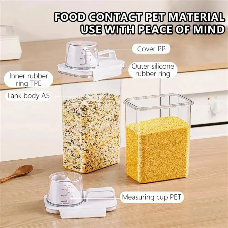 High Quality Airtight Grain Storage Box with Measuring Cup Lid Sets for Home Kitchen Grain Storage Jar