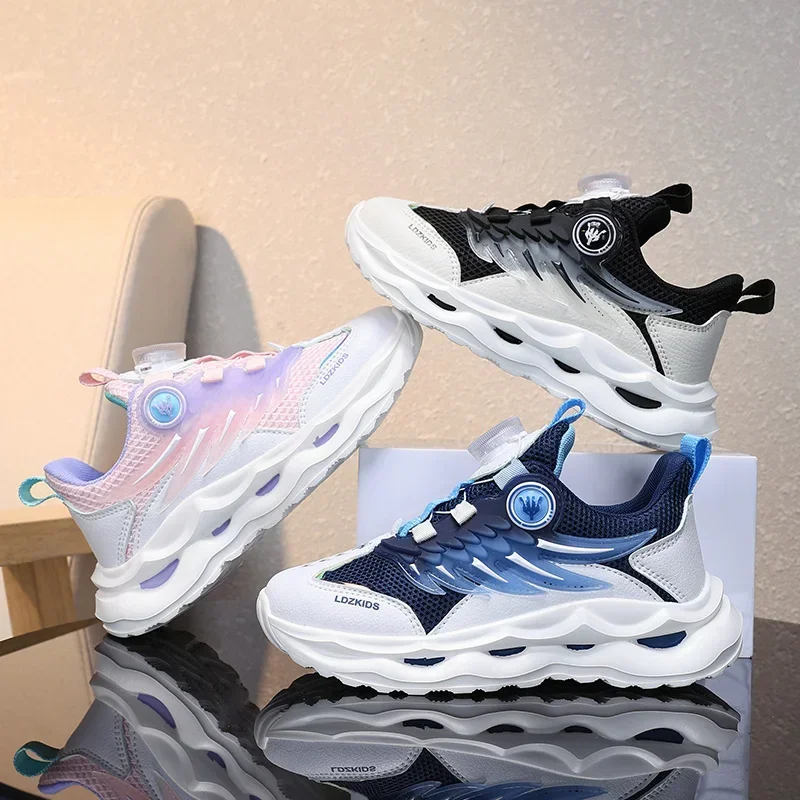 Children's Casual Sneakers Boys and Girls' Sports Shoes Spring New Mesh Breathable Rotating Button Kids' Running Shoes