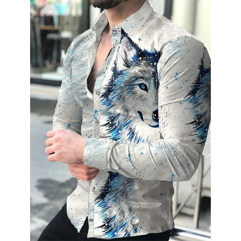 

Fashion Luxury Social Men Shirts Turn-down Collar Shirt Casual Wolf Print Long Sleeve Tops Blouses Men's Clothing Prom Cardigan