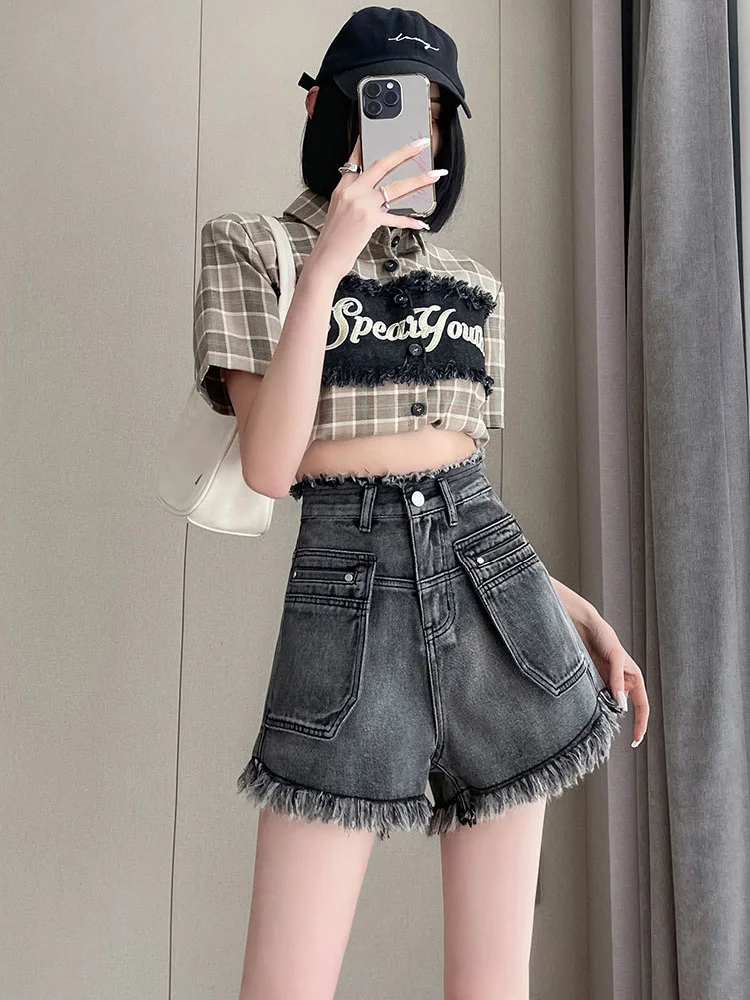 New Women Summer American Retro Shorts Fashion High Waist A-Line Ragged edge Denim Shorts Casual Vintage Blue Thin Shorts