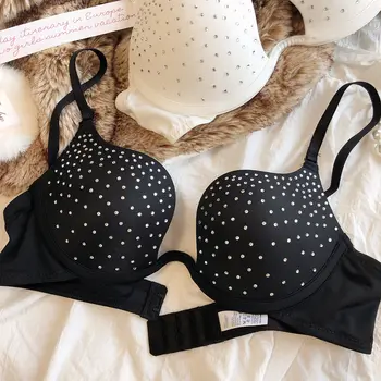 Sexy Women Underwear Fashion Inlaid Shining Rhinestones Brassiere U-shaped Push Up Bra Summer Detachable Invisible Lingerie