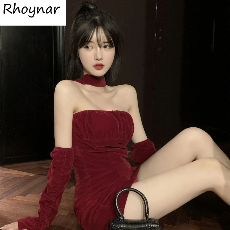 

Chic Sexy Strapless Halter Mini Dresses Women Fashion Solid Folds Velvet Hot Chest Wrapping Girls Young Popular All-match New BF