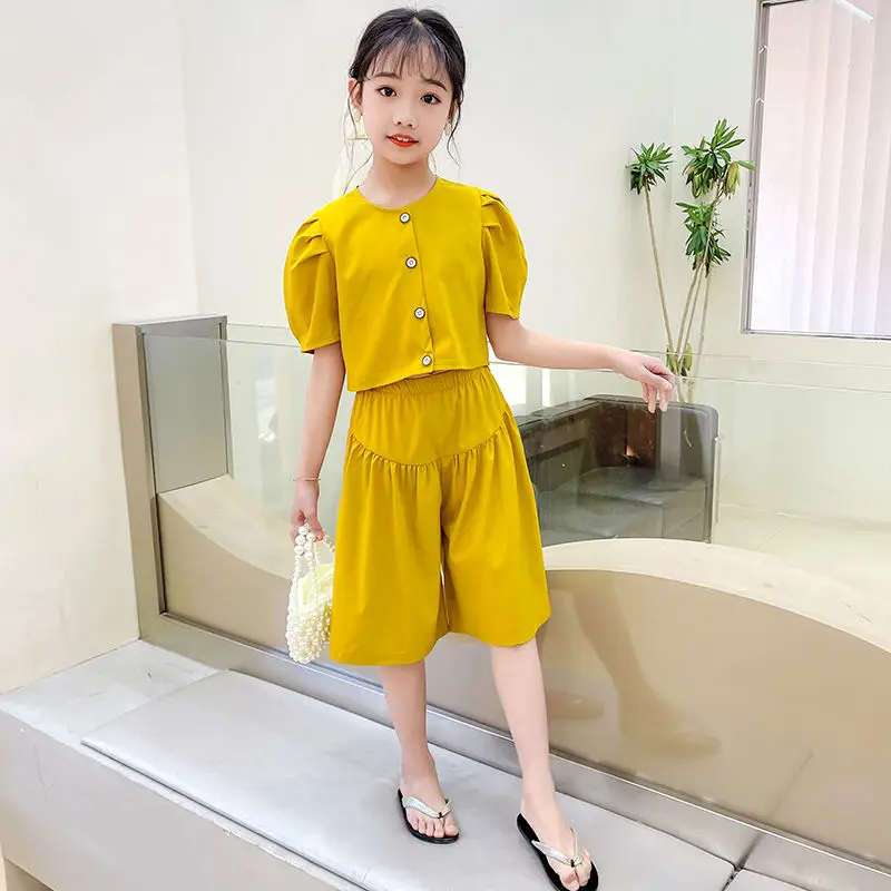 

Girls Sets Summer 2024 Fashion Casual Trendy Children's Short-sleeved Shorts Two-piece Sports Suits for School Students 12 Years