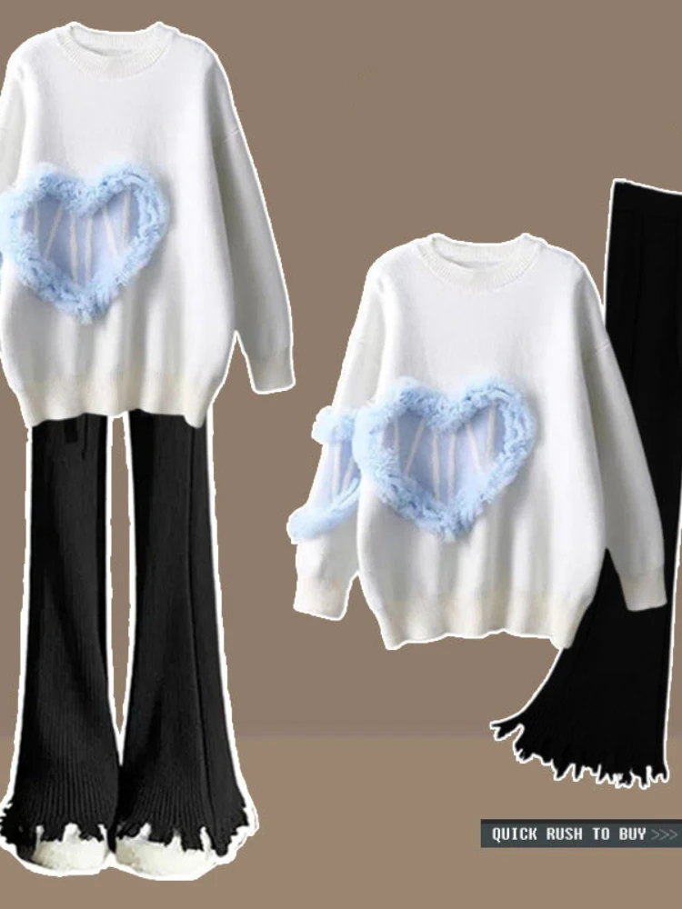 

2023 Korean Lady Casual Loose Knit Tops Flare Pants Two Piece Set Daily Joker Black Outfit Women Autumn Winter New Heart Sweater
