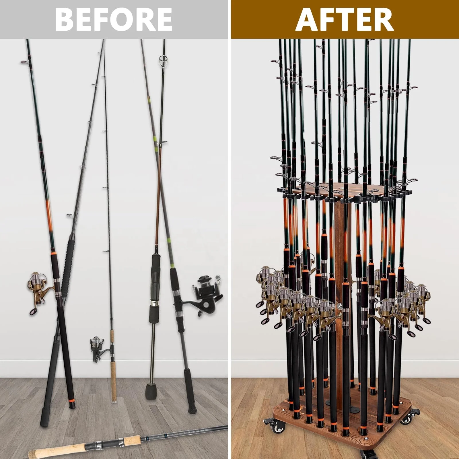 Hikeen Fishing Rod Holders for 360 Degree, Floor Stand Holds up to 24 Rods, Wooden Fishing Rod Racks with Rolling Wheels