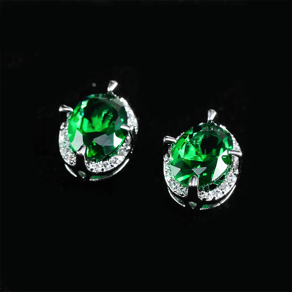 Trendy Green Crystal Oval Stone Small Stud Earrings For Women Vintage Silver Color Wedding Earring Birthstone Jewelry Girls Gift
