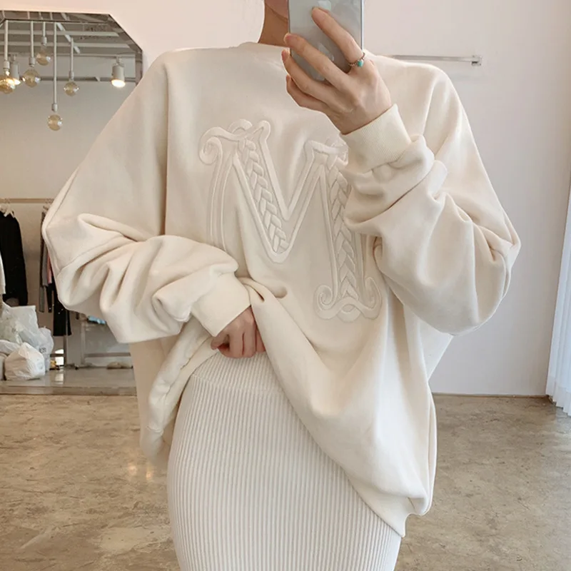 

Autumn Winter Warm Loose Sweatshirts Women O-neck Long Sleeve Embroidery Printed Casual Female Pullovers Tracksuits 2023 Hoodies