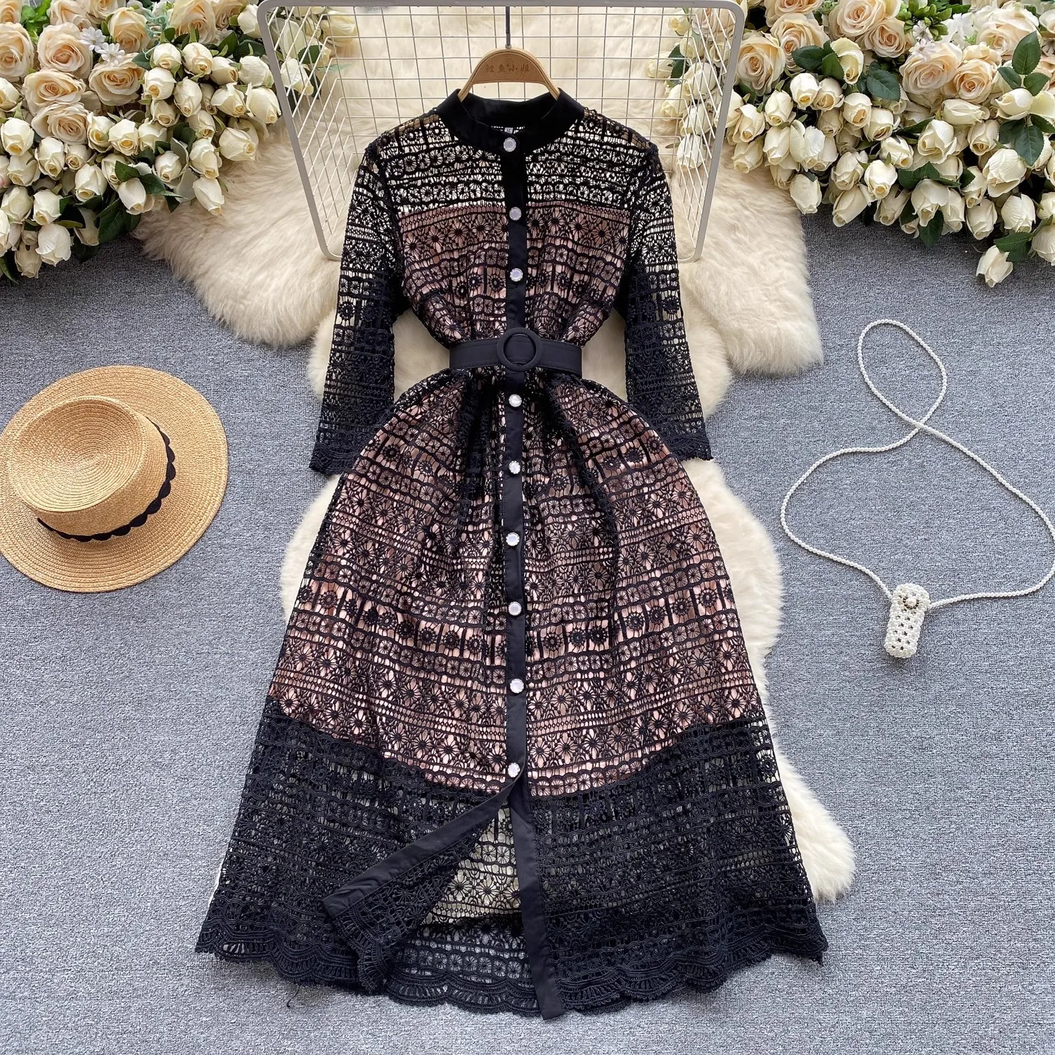 

Banulin High-End O-Neck Short Sleeve Summer Dress For Women Fashion Runway Embroidery Lace Belt Slim Elegant Party Dress Vestido