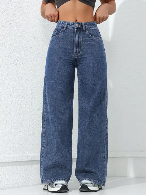 Jean rétro ample à jambes larges pour femmes, mode solide, lavage droit, taille haute élastique, pantalon en Denim, décontracté, Streetwear, pantalon à poches 1