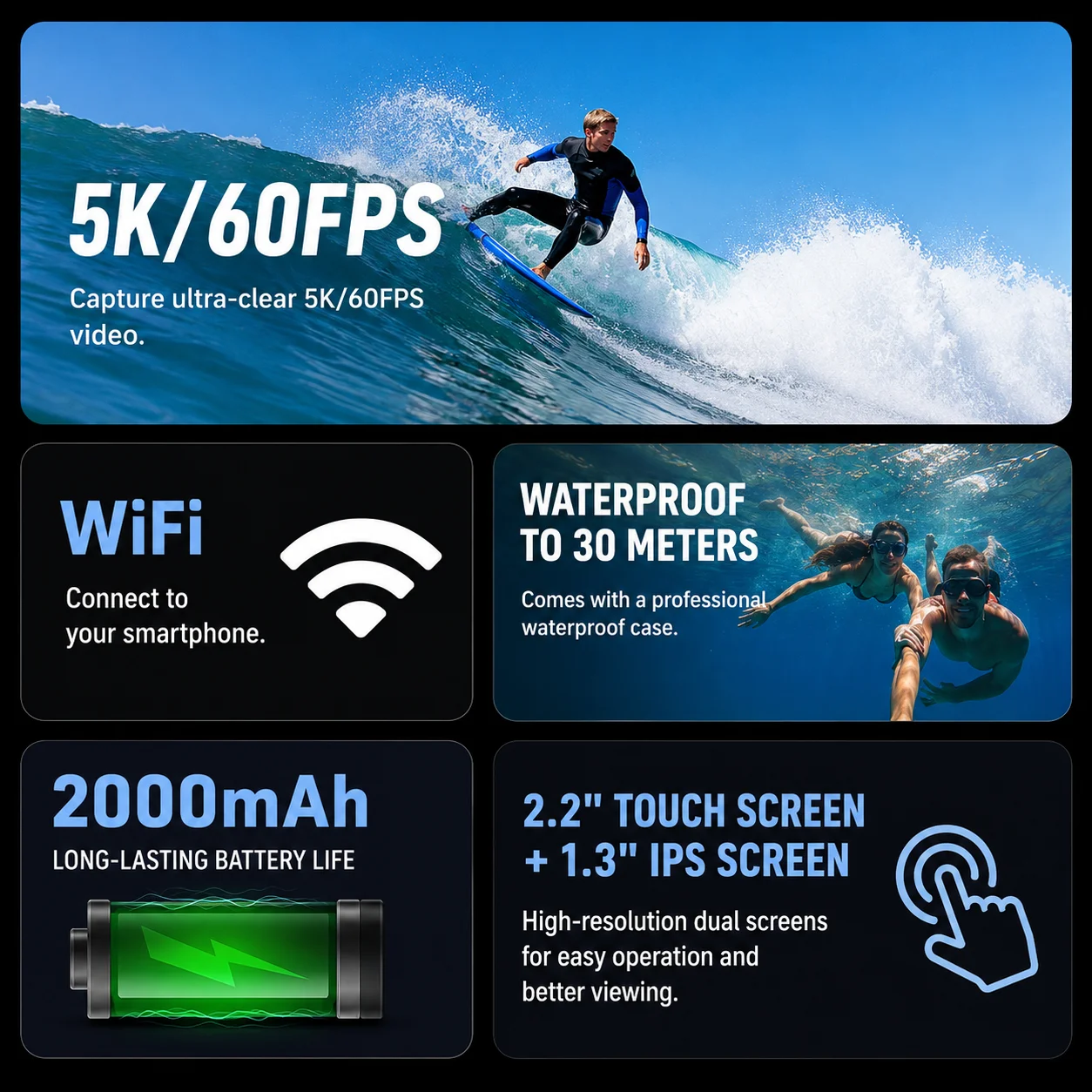 AT-M90TR 5K 60FPS 액션 카메라 WiFi 듀얼 스크린 방수 스포츠 카메라 30M 수중 헬멧 자전거 오토바이 Vlog 카메라 DVR