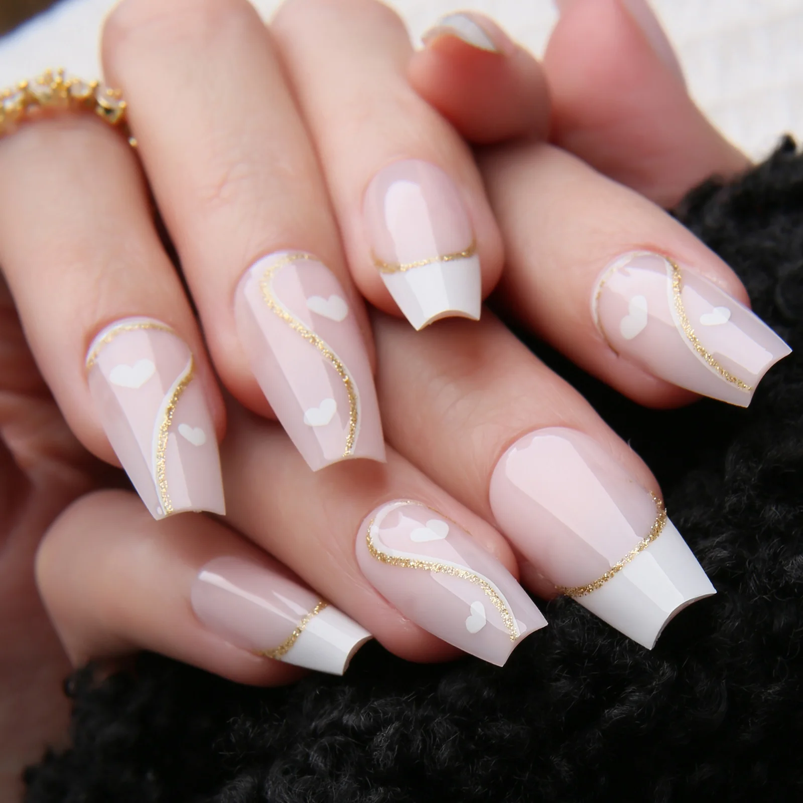 Nude Coffin French Press On Nails Love Glossy Vortex Glitter Clear Unghie Finte Gel Per Balletto Punte Acriliche Quadrate Per Unghie