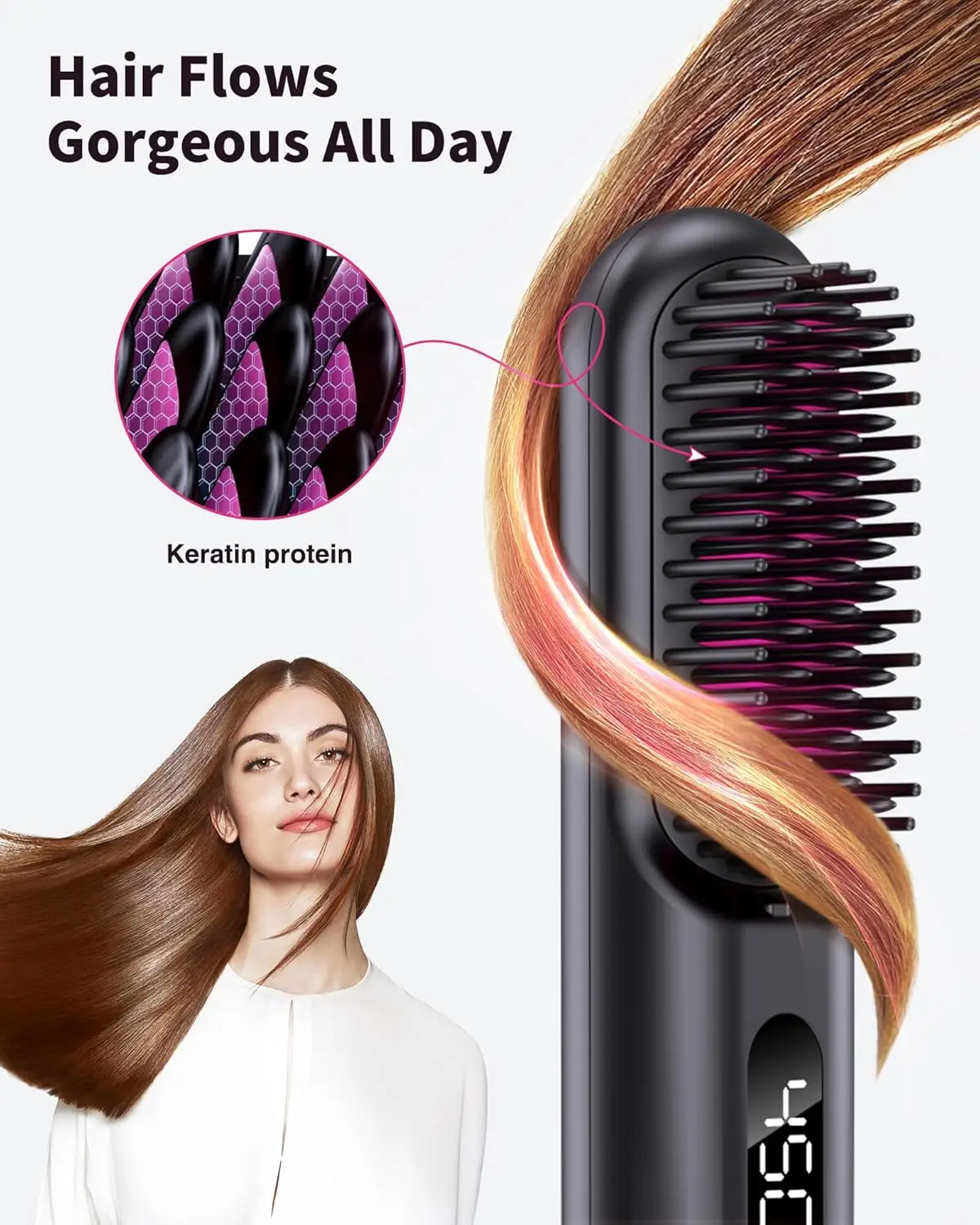 Cordless Hair Straightener Portable Brush 30s Fast Heating 10000mAh Rechargeable 300 Million Negative Ions Straightening Comb 2