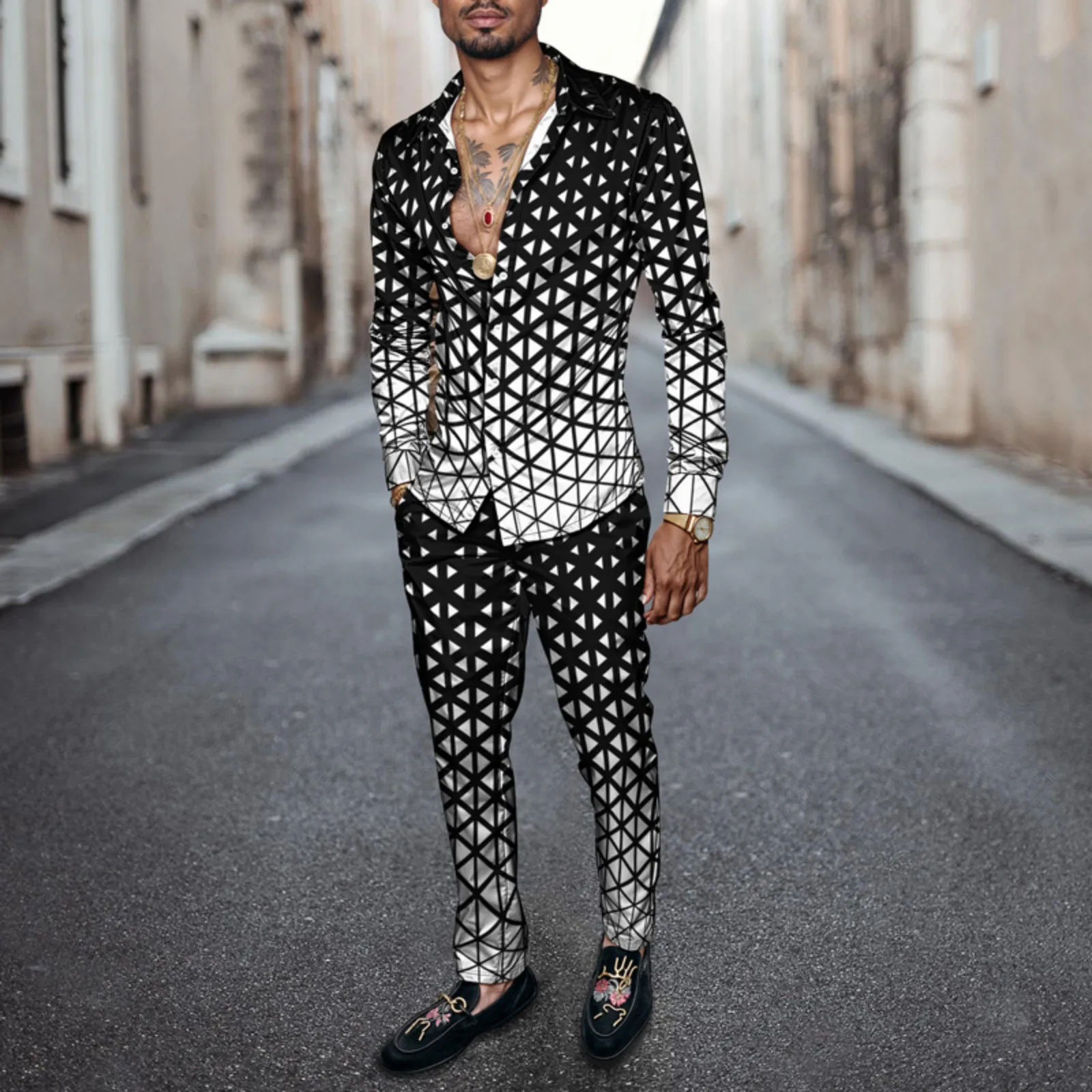 2025 New Arrival Men Shirt Set Geometry Print Summer Fashion Simple Two Piece Set Mens Gradient Lightweight Party Long Sleeves_voghion.com