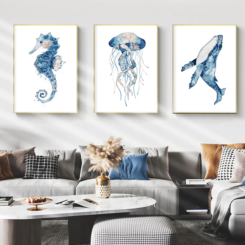 

Cartoon Dolphin Jellyfish Blue Posters Watercolor Wall Art Canvas Painting Prints Pictures Living Room Interior Decor