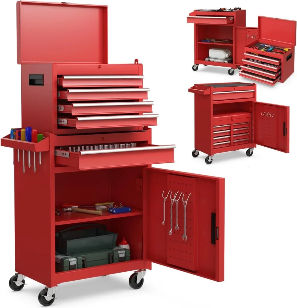 Goplus Tool Chest, 5-Drawer Rolling Tool Storage Cabinet with Detachable Top Tool Box, Liner, Universal Lockable Wheels, 6