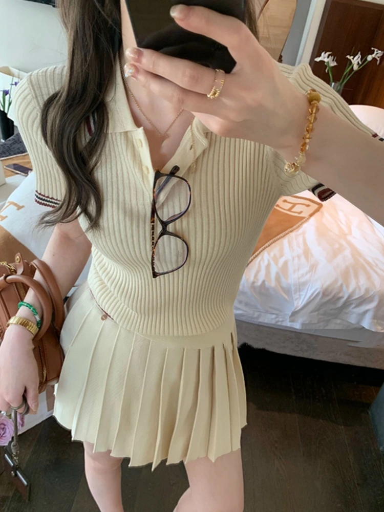 Autumn Knitted Two-piece Skirt Set Women Turn-down Collar Short Sleeve Top Pleated Mini Skirt Korean Fashion Knitting Outfits