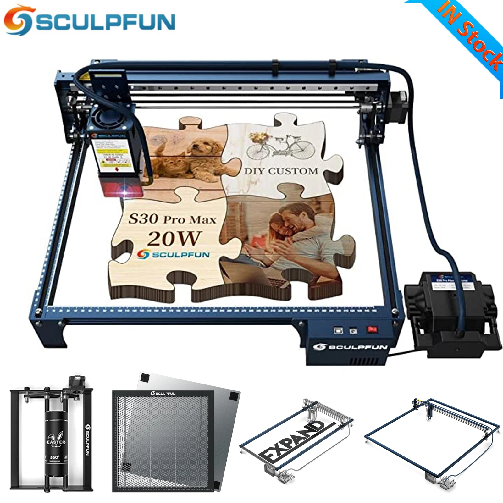 New SCULPFUN S30 PRO MAX Laser Engraver With Automatic Air-assist System 20W Engraving Machine With Roller And Honeycomb Panel