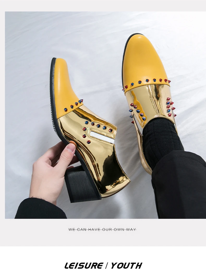 Stilvolle Herren-Kleiderschuhe mit Nieten, Übergröße 46, Slip-On-Leder, formelle Herrenschuhe, goldene Hochzeitsschuhe mit hohen Absätzen, Herren-Chaussure-M hommes – Detail 17