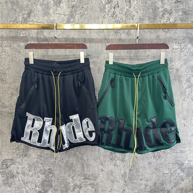 

RHUDE Shorts Men Women Top Quality Mesh Leather Embroidered Track Breathable