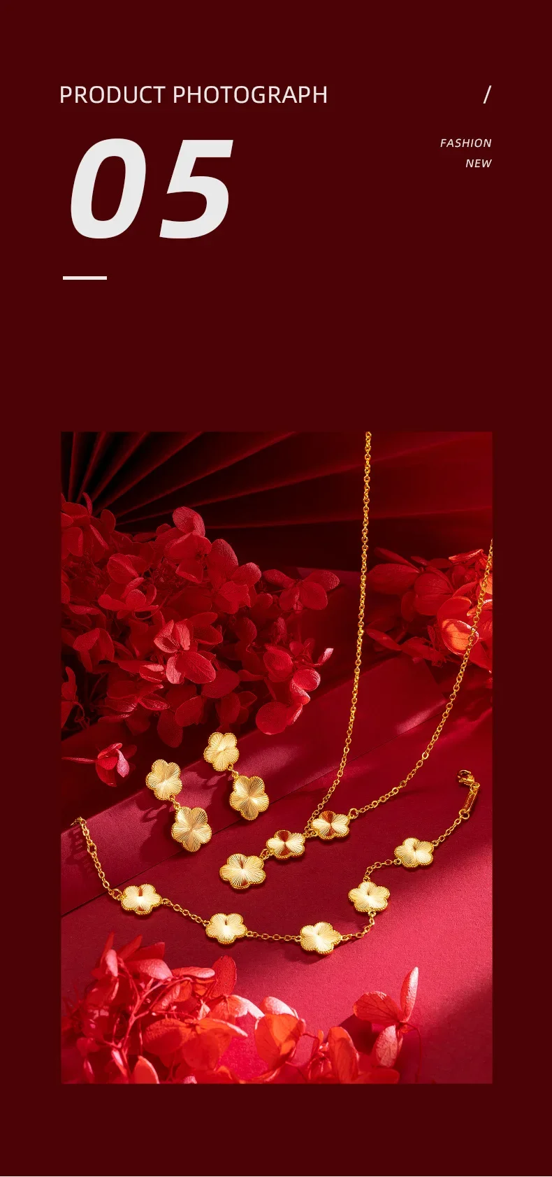 Sb9afa6dd3d2d492187ee9754ca65e1d6G Women 24K Real Gold Light Luxury Super Flash Plum Blossom Set Fashionable Female Plum Blossom Bracelet Necklace Earring Set Mallzona