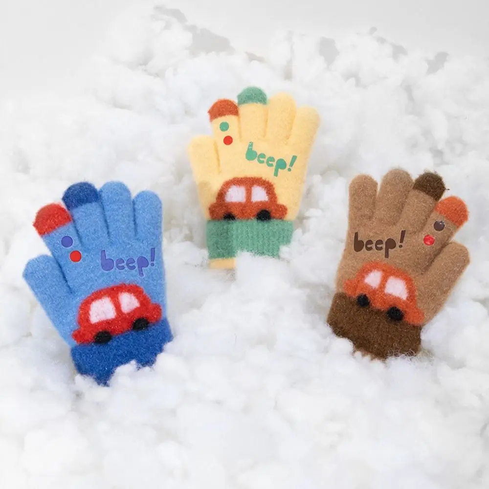 Cartoon Car 3-6 Years Old Winter Knitted Gloves Warm Thickend Five-finger Gloves Elastic Fashion Kids Gloves Outdoor