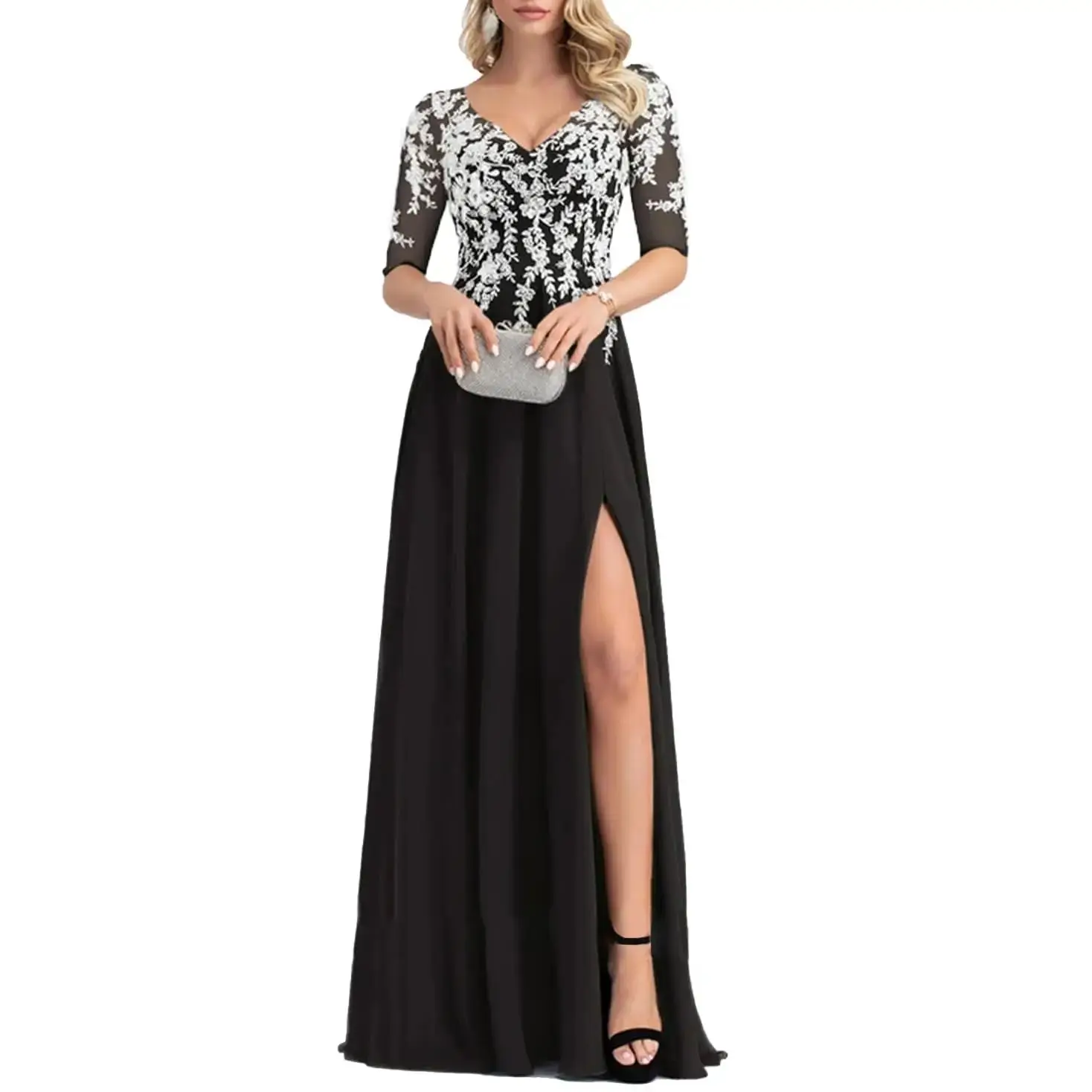 

Chiffon V-Neck High Slit Embroidery Prom Dress Women Evening Dress Three Quarter Floor-length A-Line Female Party Dresses