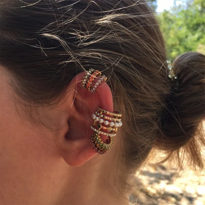 Clip Earrings Pearl Ear Cuff Bohemia Stackable C Shaped CZ Rhinestone Small Earcuffs for Women Wedding Jewelry clip earrings