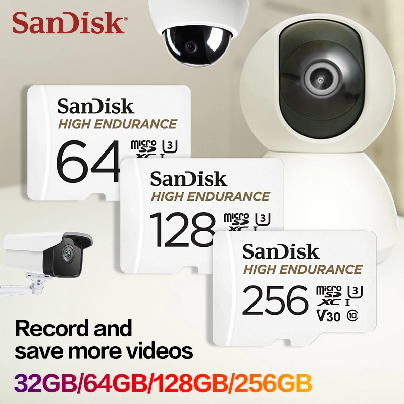 샌디스크 하이 엔듀런스 microSD 카드 UHS-I U3 V30 클래스 10 최대 100MB/s 32GB 64GB 128GB 256GB TF 메모리 카드 (대시캠 카메라용)