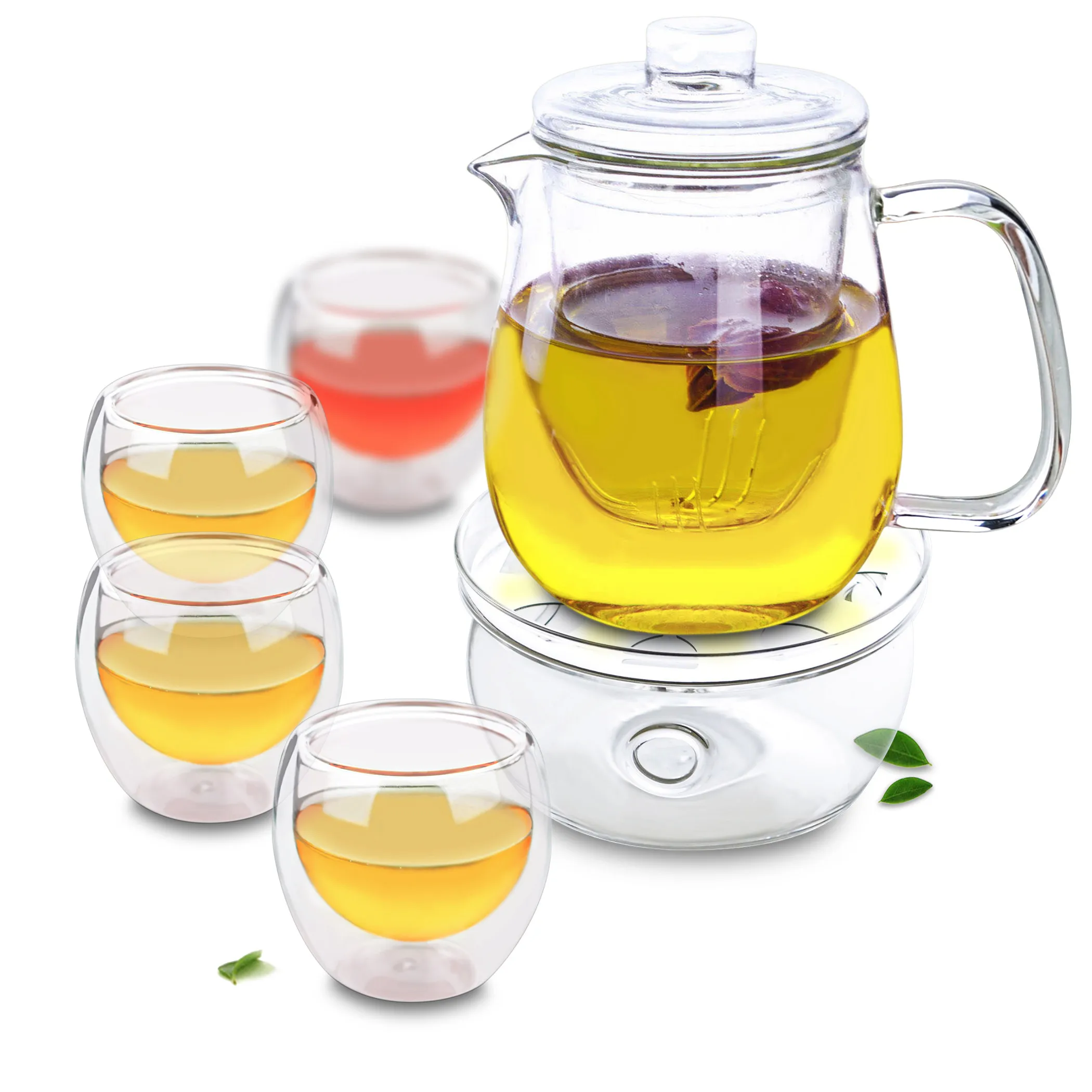 

1x Clear Tea Set -750ml Heat Resistant Glass Teapot +4x 80ml Double Wall Cups+1 x Round Shape Teapot Warmer